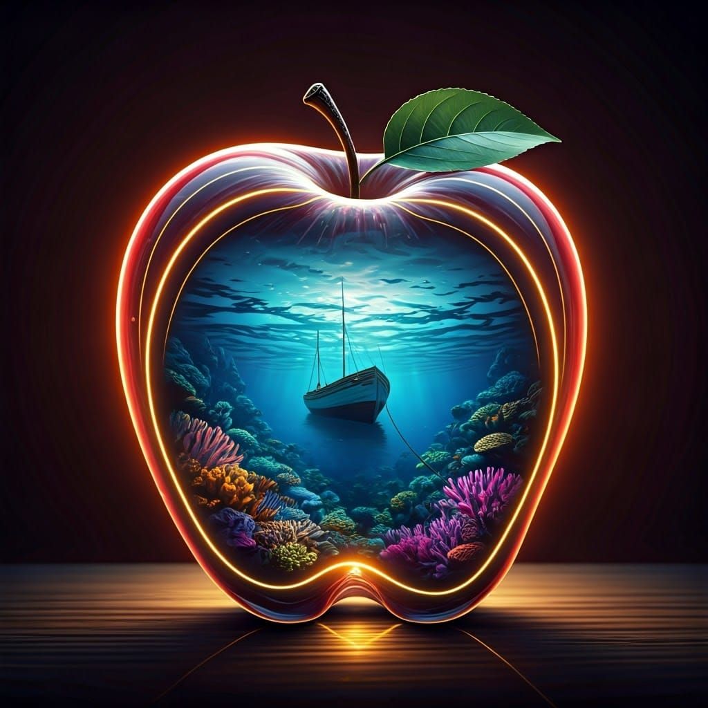 Hyperrealistic Red Apple Painting with Glowing Glass and Und...