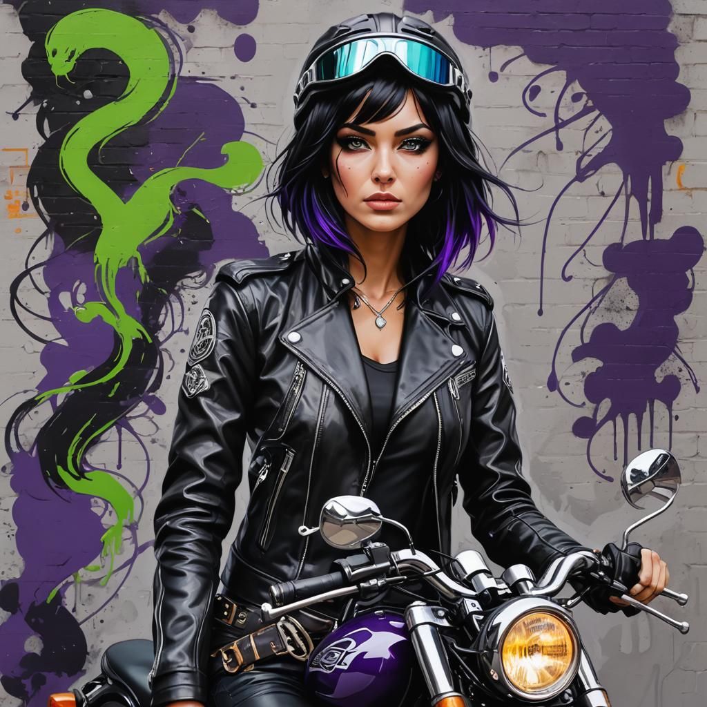 Biker Girl with Purple Highlights in Graffiti Style