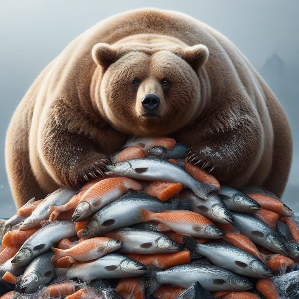 Obese Bear Climbing Salmon Mountain: Hyperrealistic Close-up