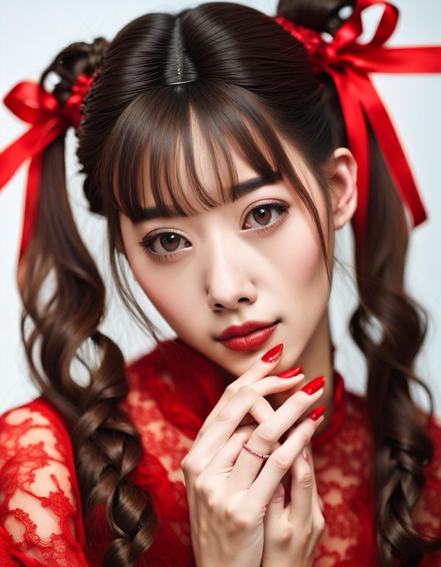 Portrait of Japanese Girl with Red Ribbon