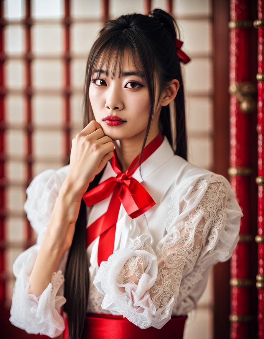 Portrait of a Beautiful Japanese Girl with Red Ribbon