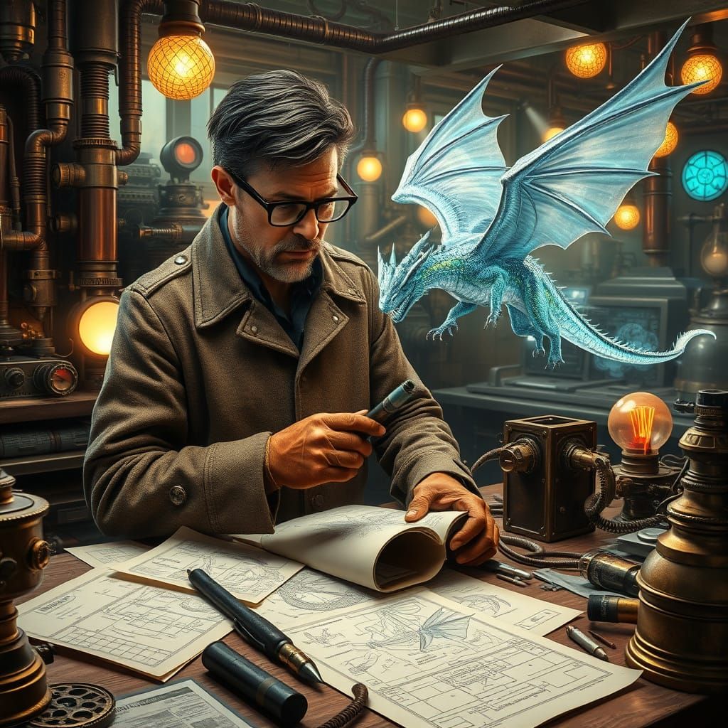 A steampunk engineer surrounded by blueprints piecing together a fantastical machine that creates holographic dragons th...
