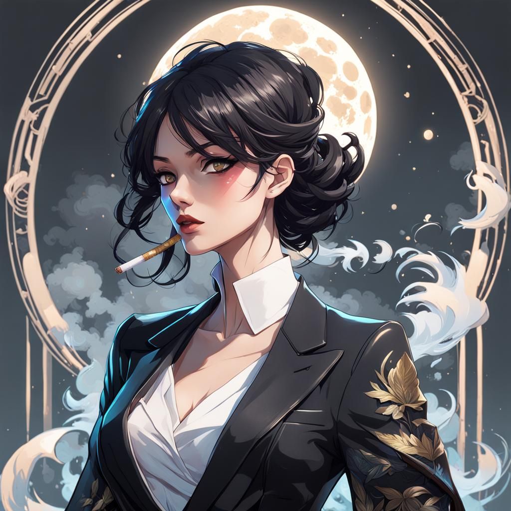 Anime Woman in Black Suit Smoking, Moonlit Portrait