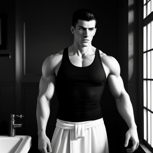 Muscular Marine in Antique Lavatory: Dramatic Black and Whit...