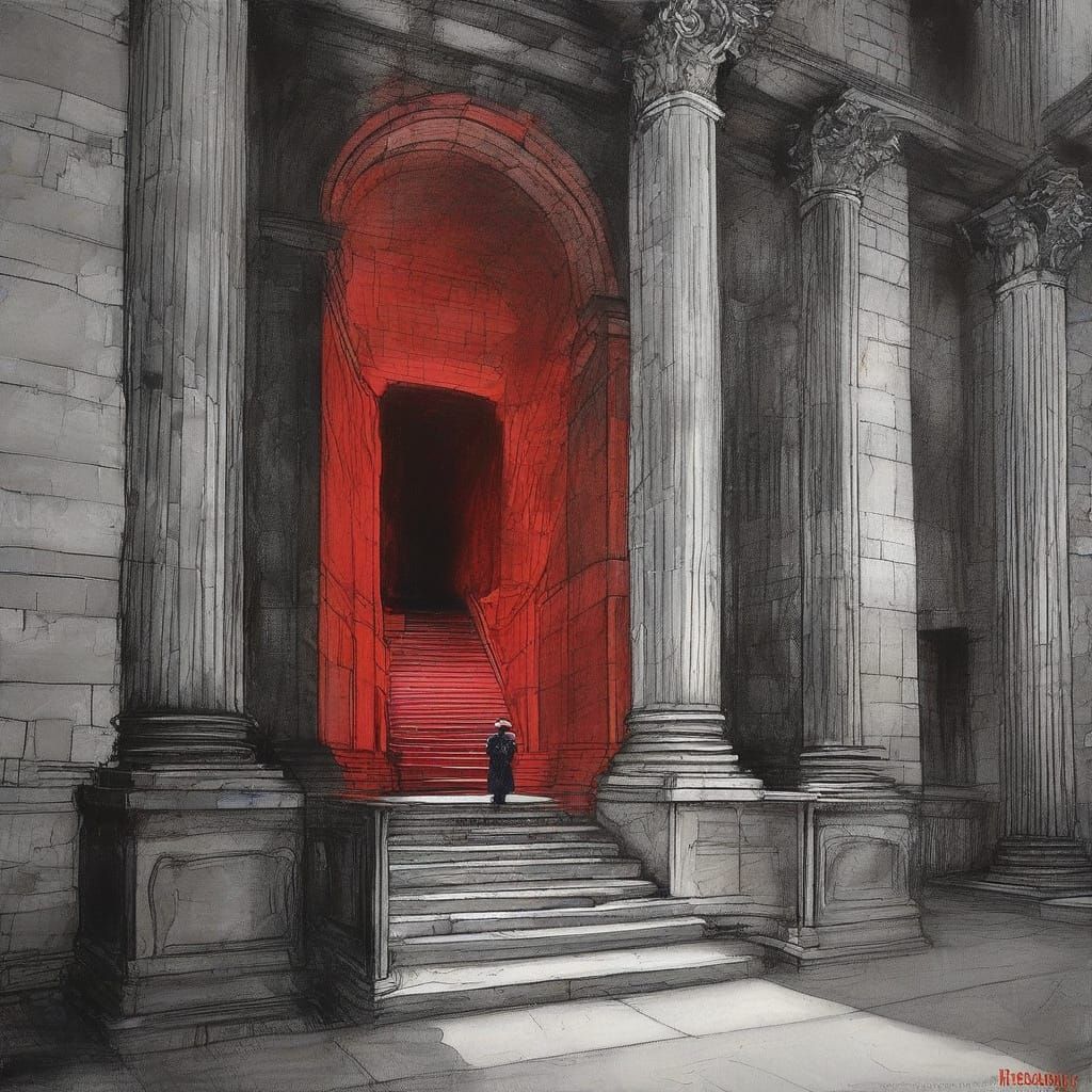 Renaissance-Inspired Drawing of Gaunt Figure in Brutalist Se...