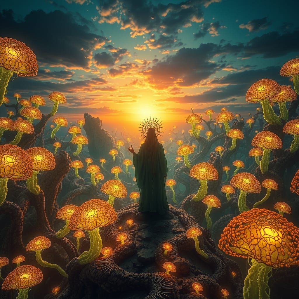 Shaman in Bioluminescent Mycelium Kingdom: Expressionist Sur...