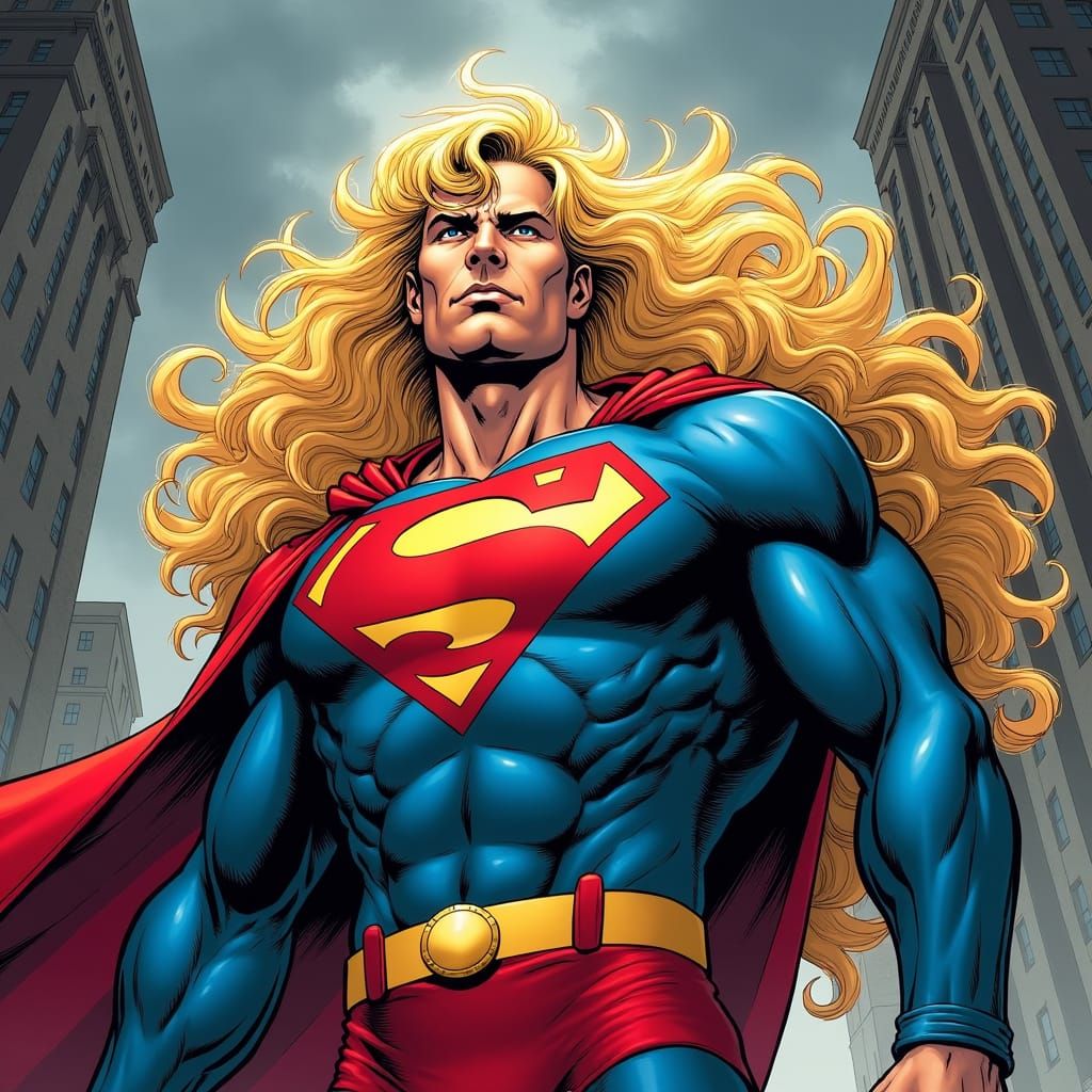 Superman with Flowing Hair in Comic Book Style