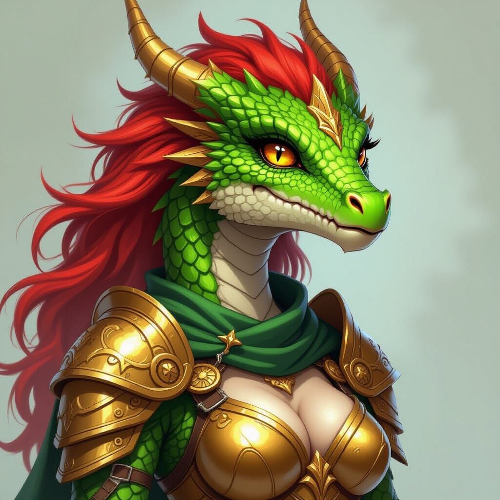 Emerald Dragon Warrior with Golden Armor and Fiery Red Hair