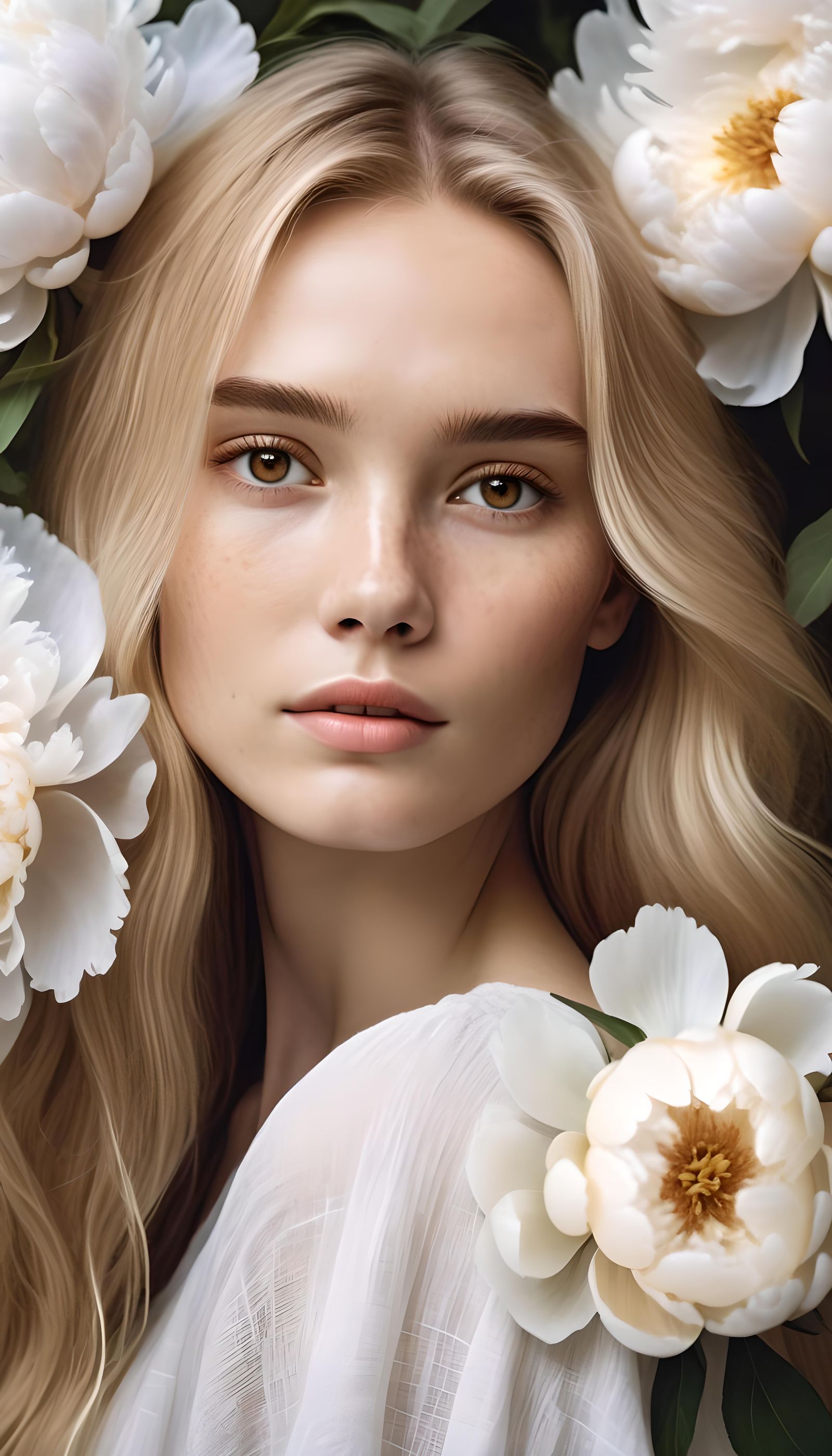 Woman Surrounded by Peonies in Magical Realism