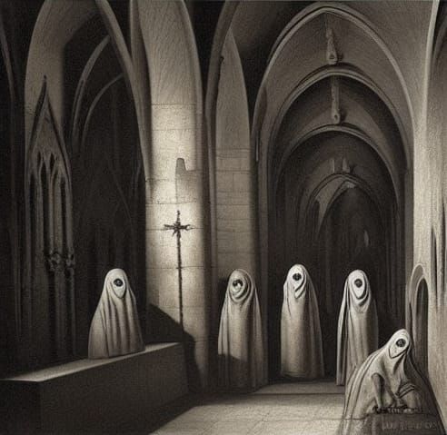 Surreal Nuns Praying: Horror Oil Painting