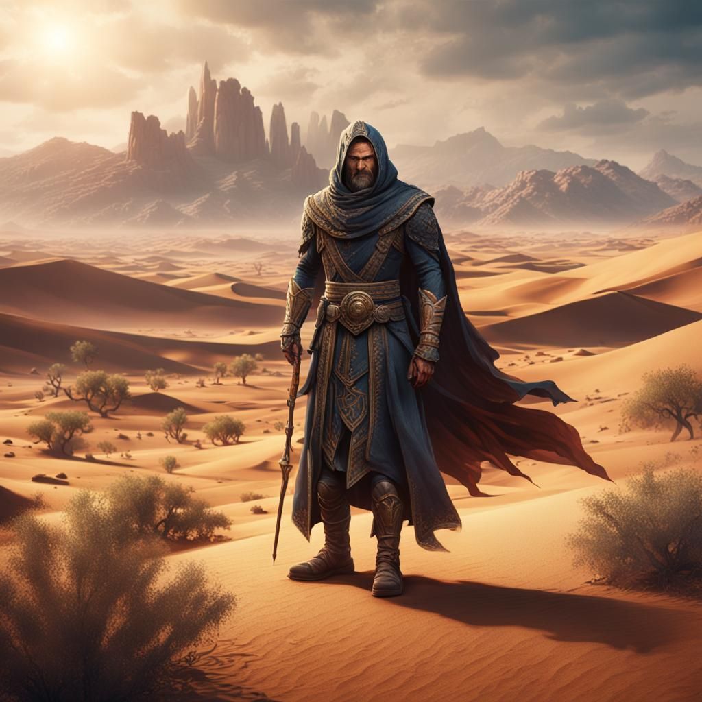 Senorian Man Posing in Desert: Fantasy Concept Art