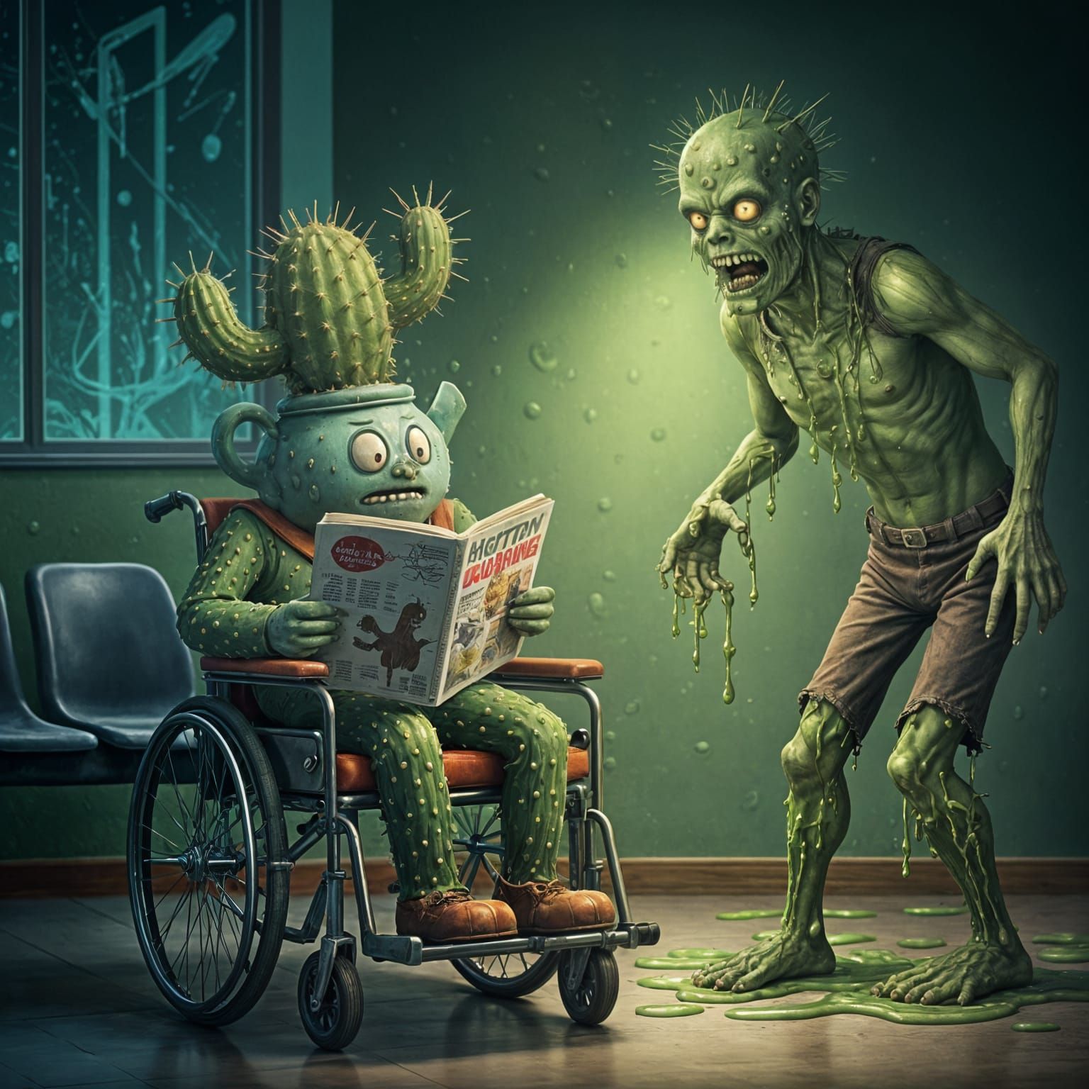 Spiky Teapot Scared by Zombie in Doctor's Office