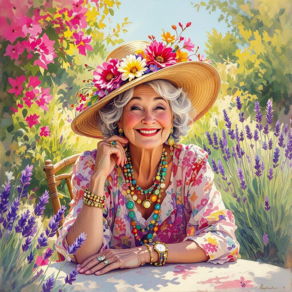 Eccentric Woman in Mediterranean Garden, Impressionistic Sty...