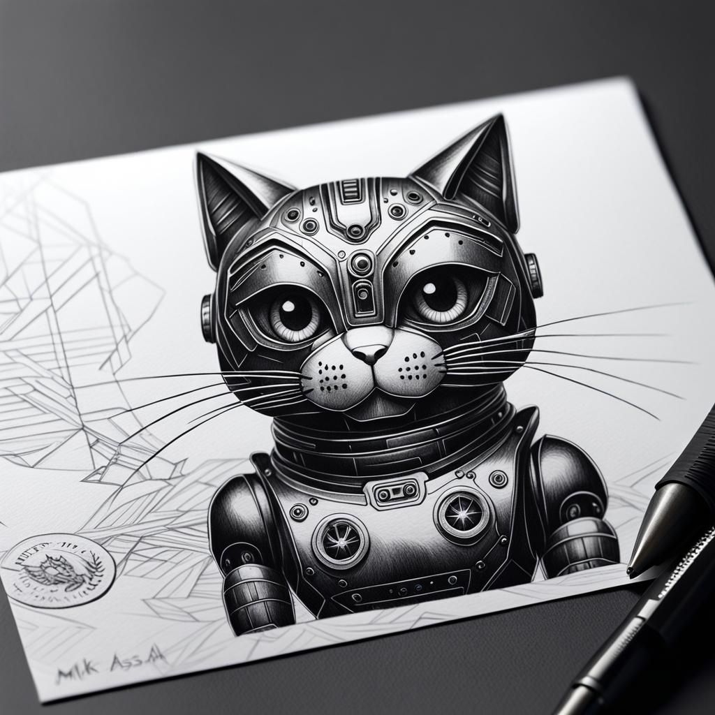Realistic Robot Cat Postcard Drawing in Black and White