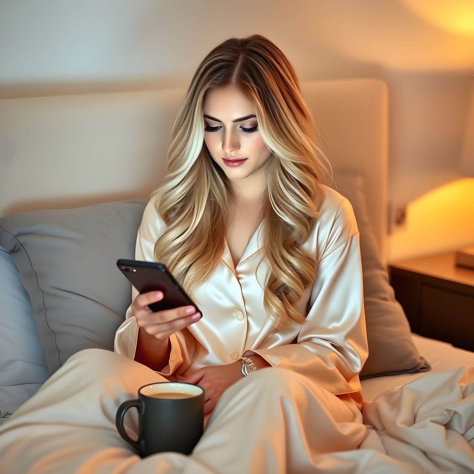 Young Woman in Silk Pajamas with Coffee