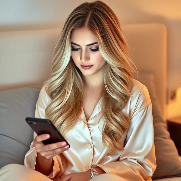 Young Woman in Silk Pajamas with Coffee