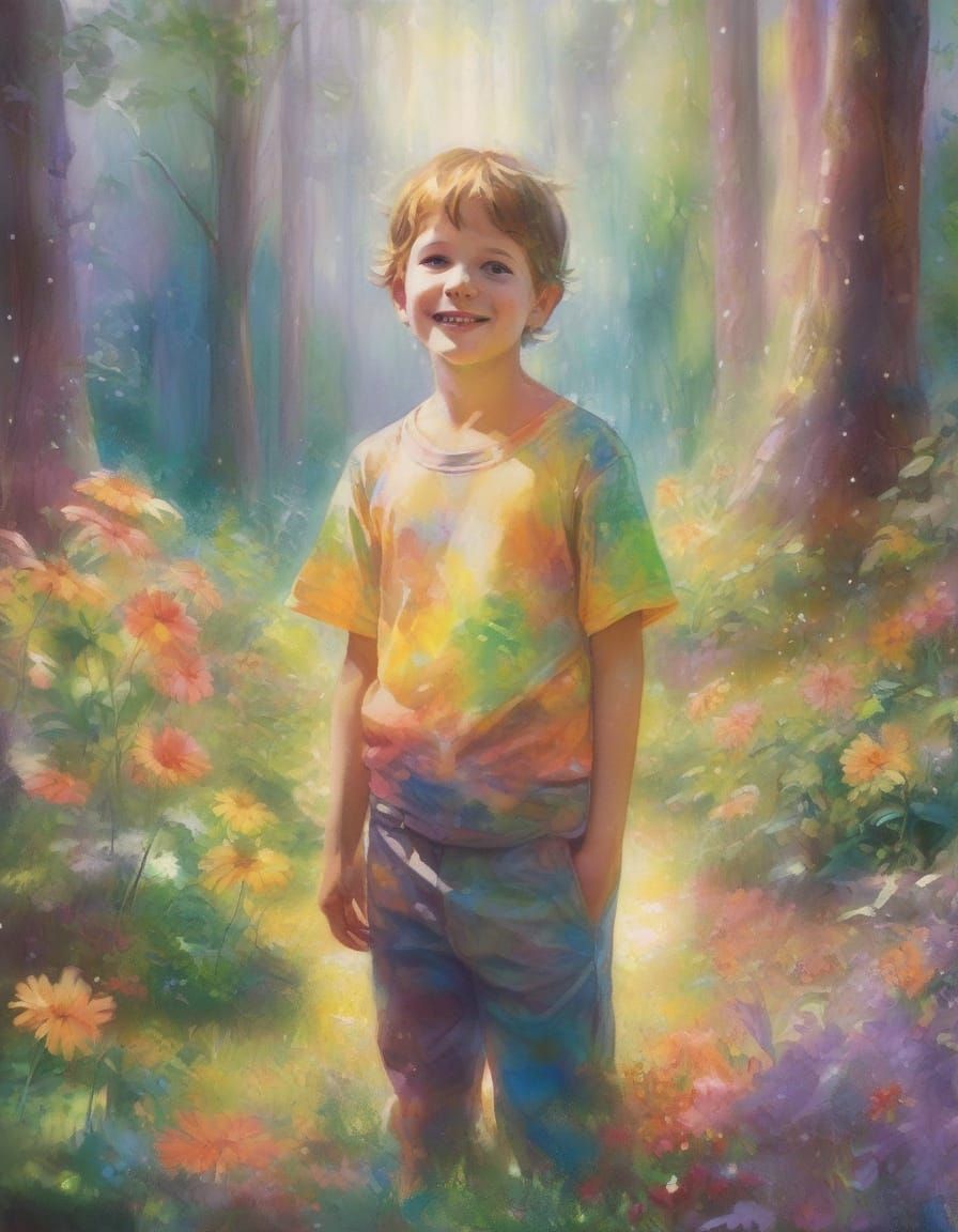 Boy Smiling in Dreamy Rainbow Forest with Shimmering Light