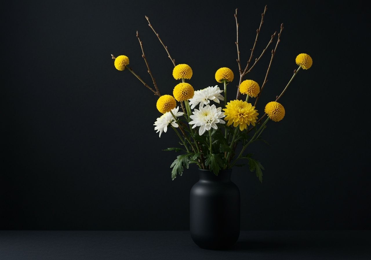 Minimalist Still Life: Chrysanthemums in Black Vase
