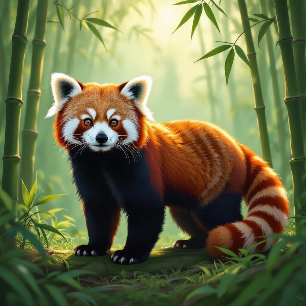 Red Panda Jaguar Hybrid in Emerald Bamboo Forest