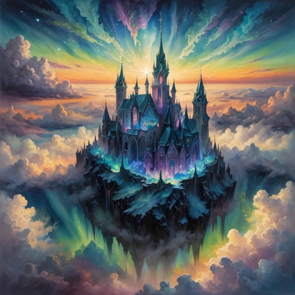 Dreamlike City Floating in Aurora Borealis: Surreal Oil Pain...