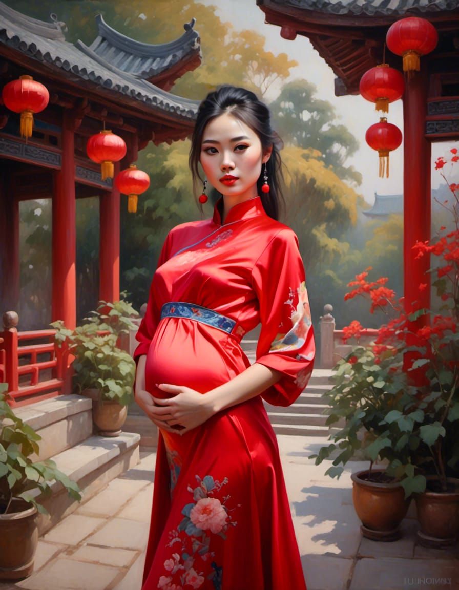Pregnant Woman in Red Chinese Dress Portrait