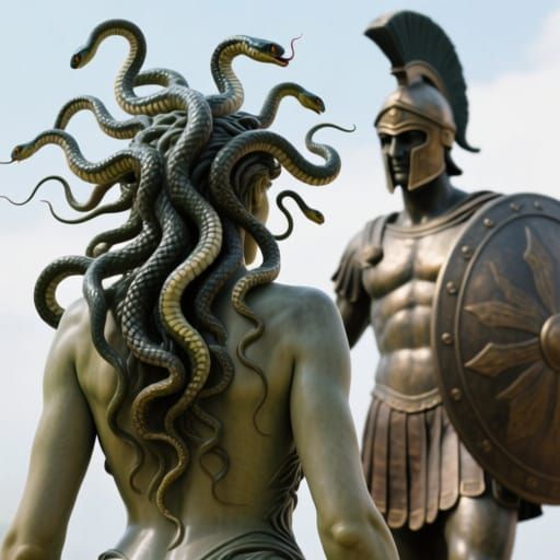 Medusa's Wriggling Snakes Confront Greek Hoplite Statue
