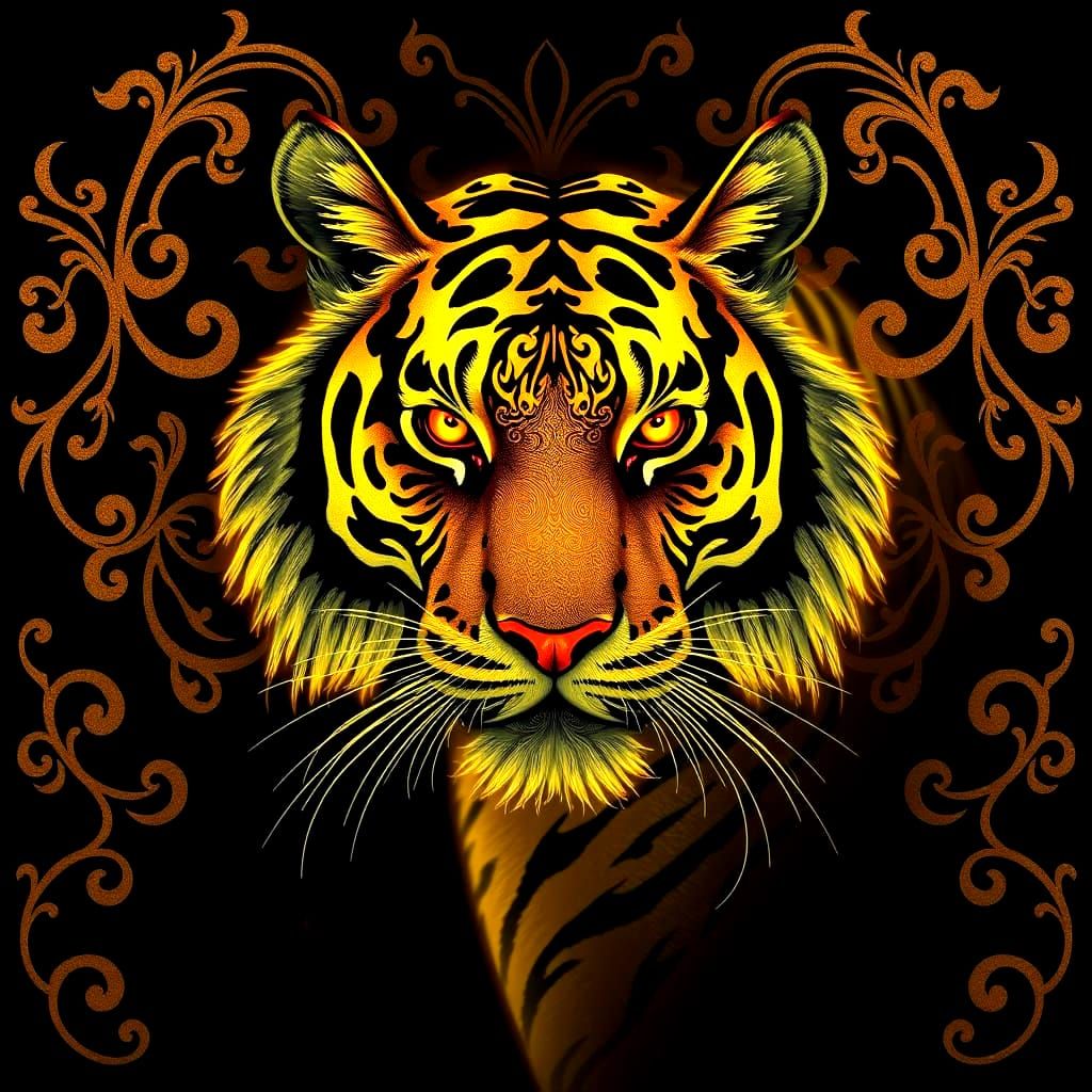 Bioluminescent Golden Tiger with Filigree Design