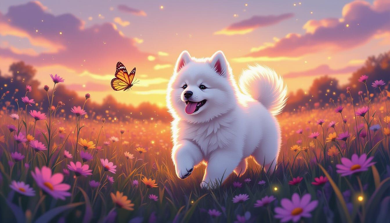 Samoyed Puppy's Dusk Butterfly Chase: Dreamy Airbrush Art