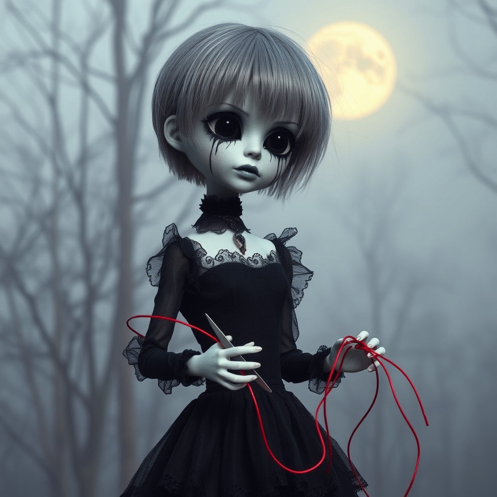 Creepy Monster Doll with Scissors in Moonlight