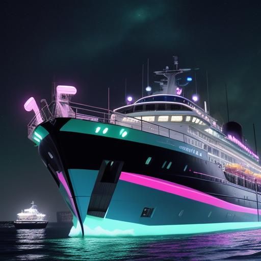 {
  "main_prompt": "A boat adorned with radiant neon stripes...