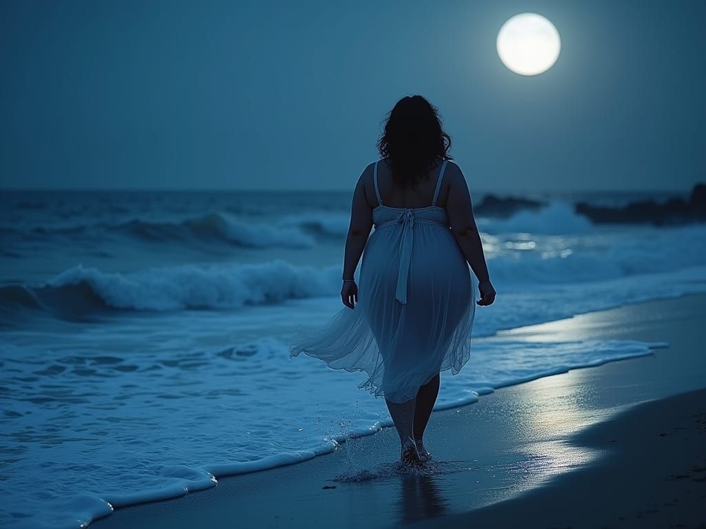 Curvy Woman's Night Walk on Beach in Fantasy Art