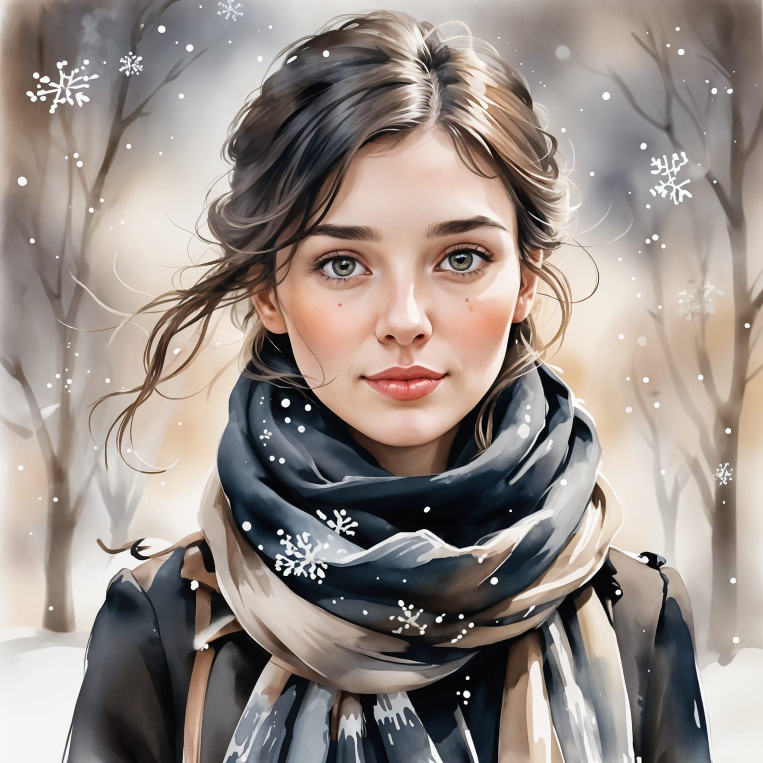 Elegant Watercolor of Woman in Winter Coat