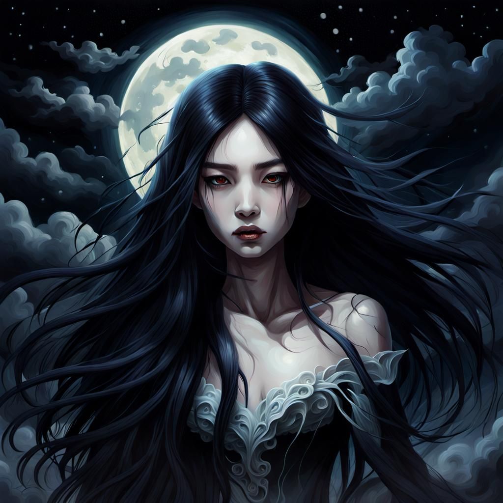 Eerie Asian Vampire Head in Dark Fantasy Illustration