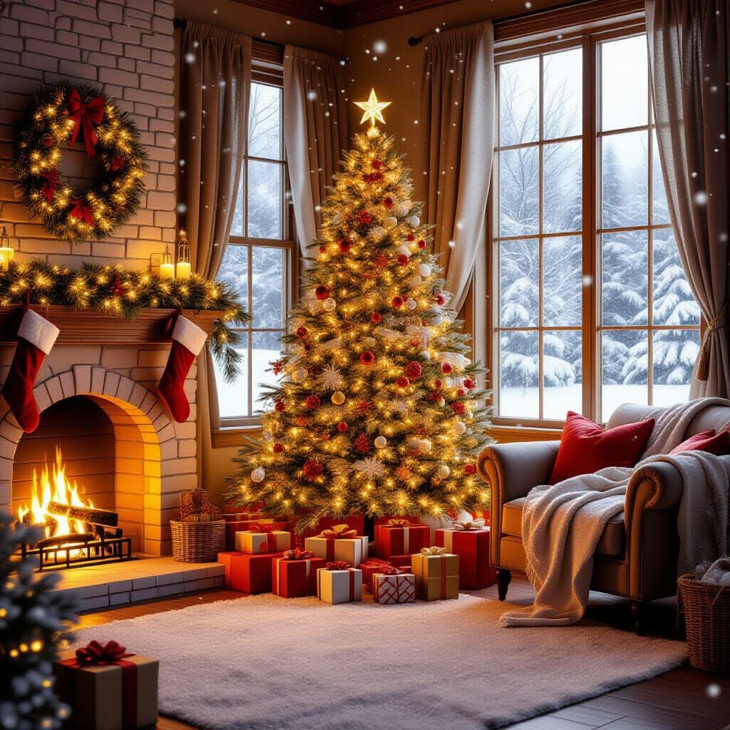 Cozy Christmas Living Room with Glowing Tree and Fireplace