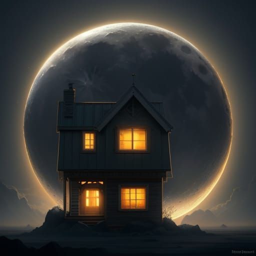 Vast Moon Above Tiny House in Digital Painting
