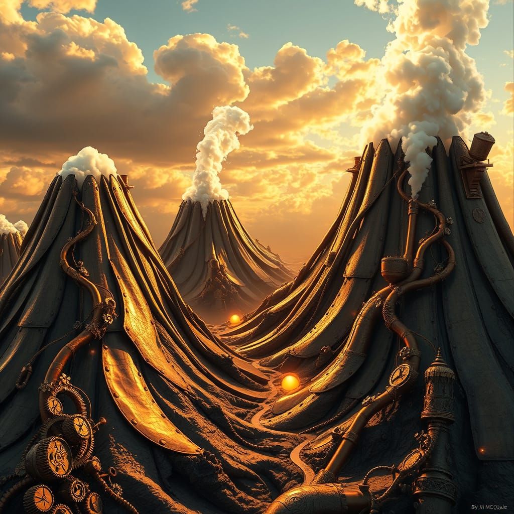Steampunk Copper Volcanoes Erupting into Gilded Sky