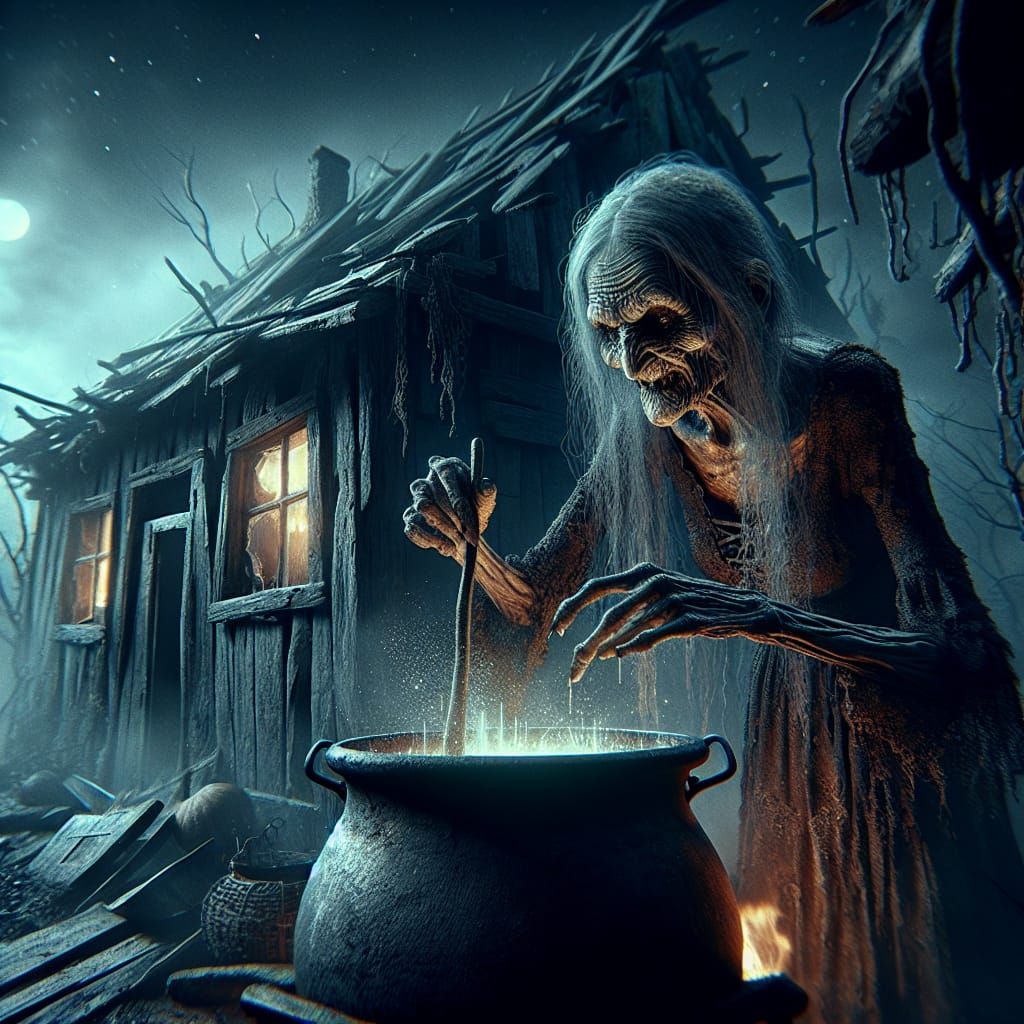 Eerie Old Woman Stirring Cauldron in Dark Fantasy Art
