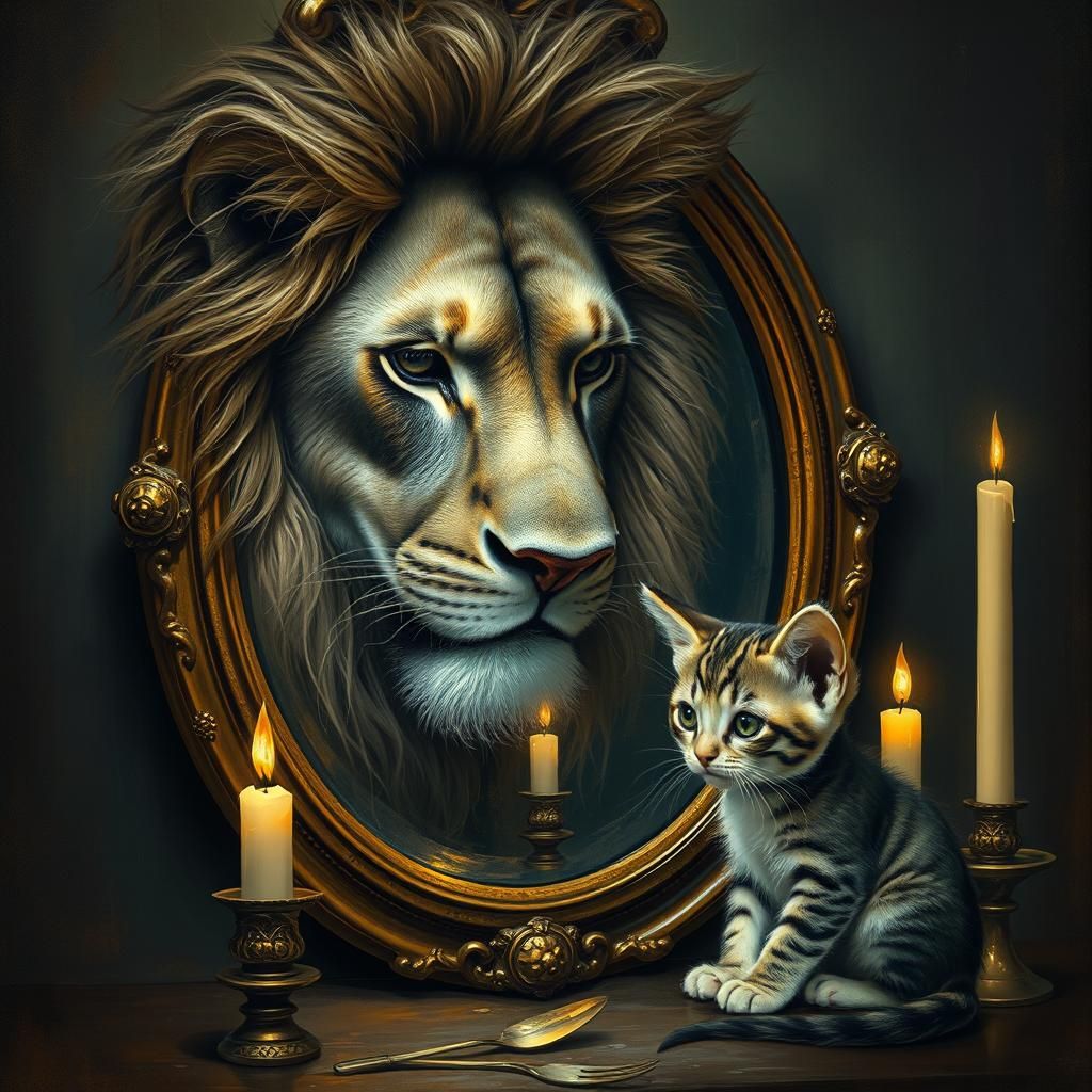 Lion and Kitten Mirror Reflection in Symbolist Style