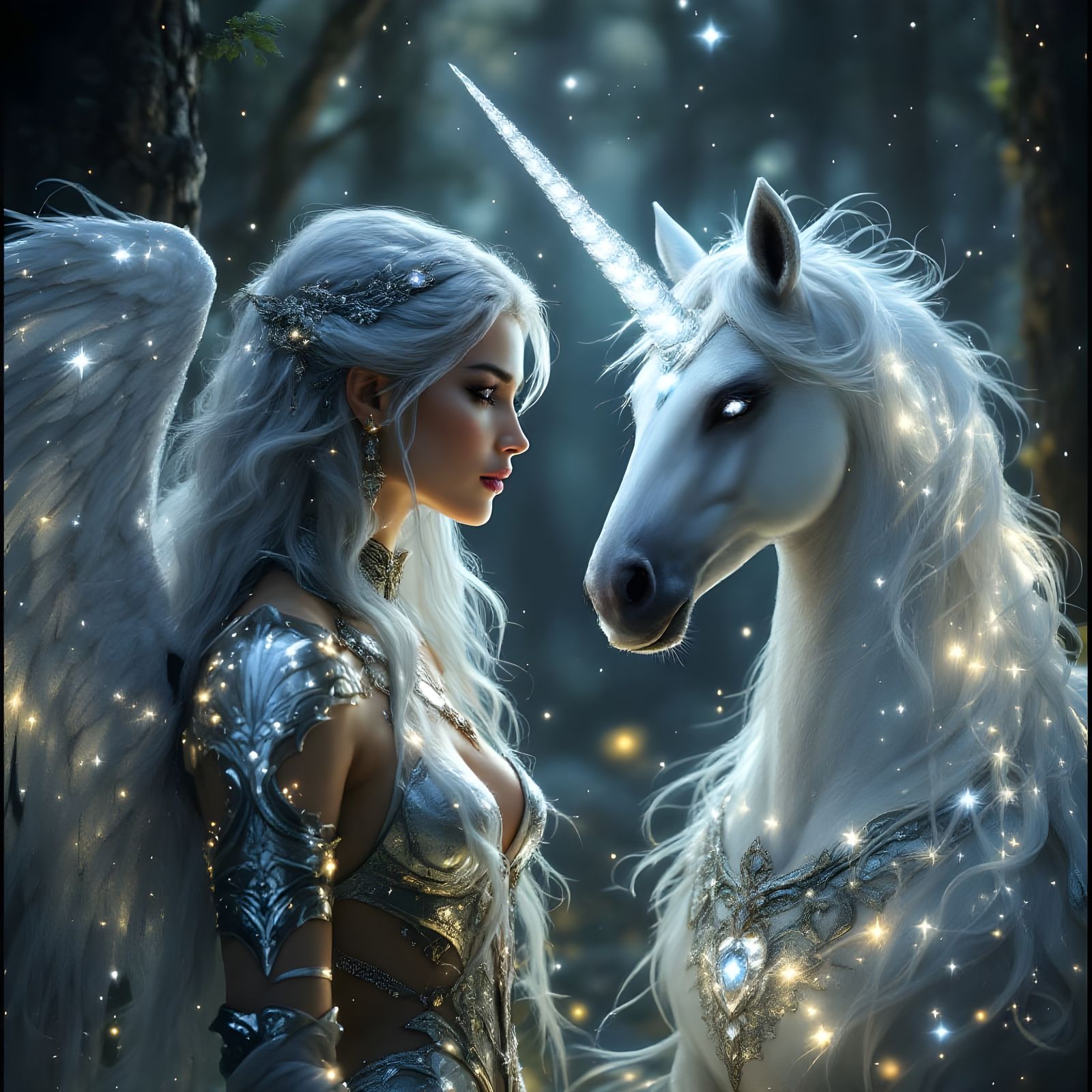 Moonlit Goddess of Celestial Wisdom in Starry Forest