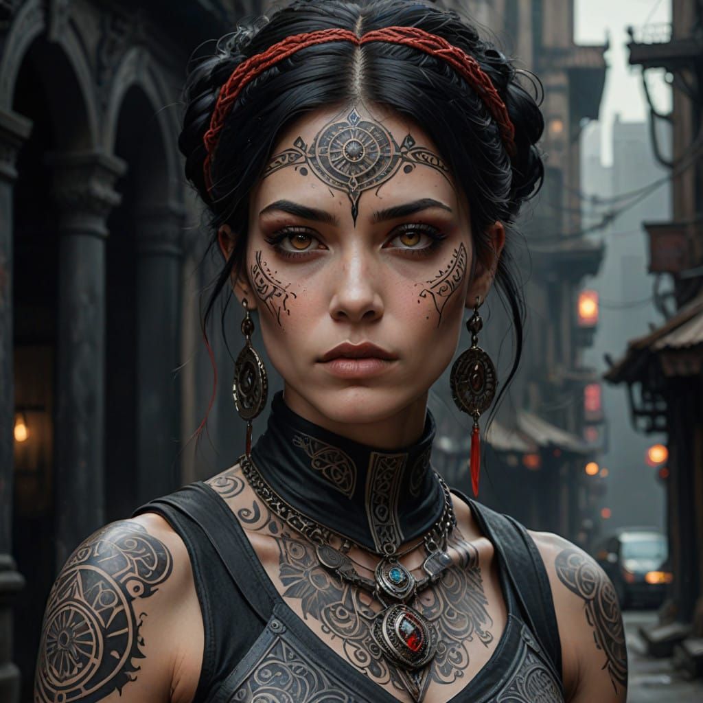 Cyberpunk Warrior Goddess with Tribal Tattoos