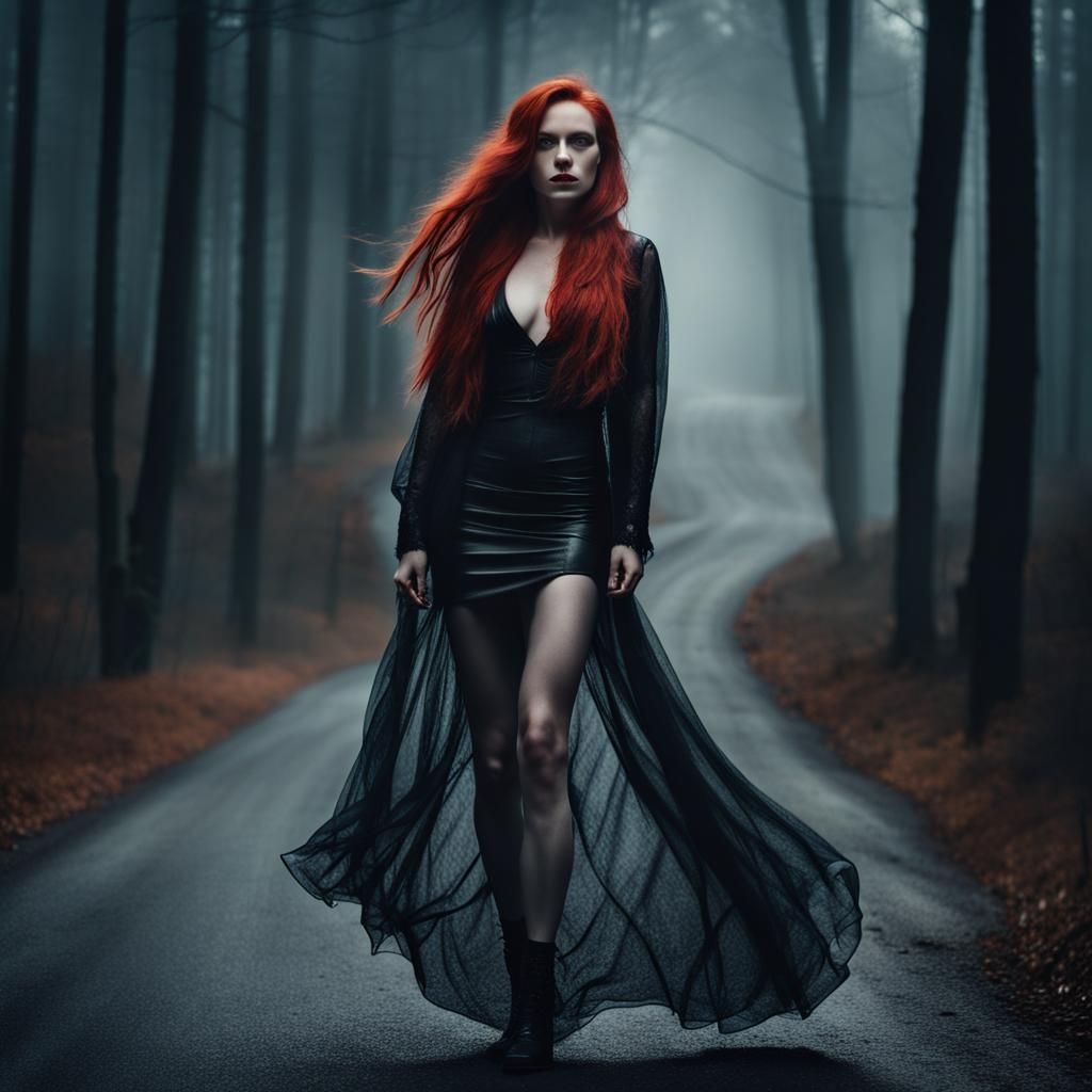 Redhead in Dark Forest: Hyperrealistic Night Scene