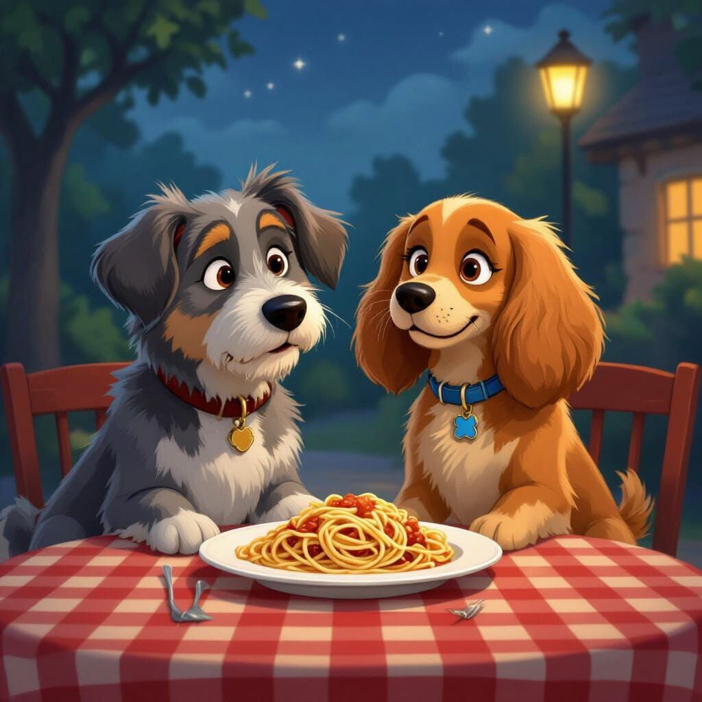 Dogs Share Spaghetti: A Pixar-esque Night Scene