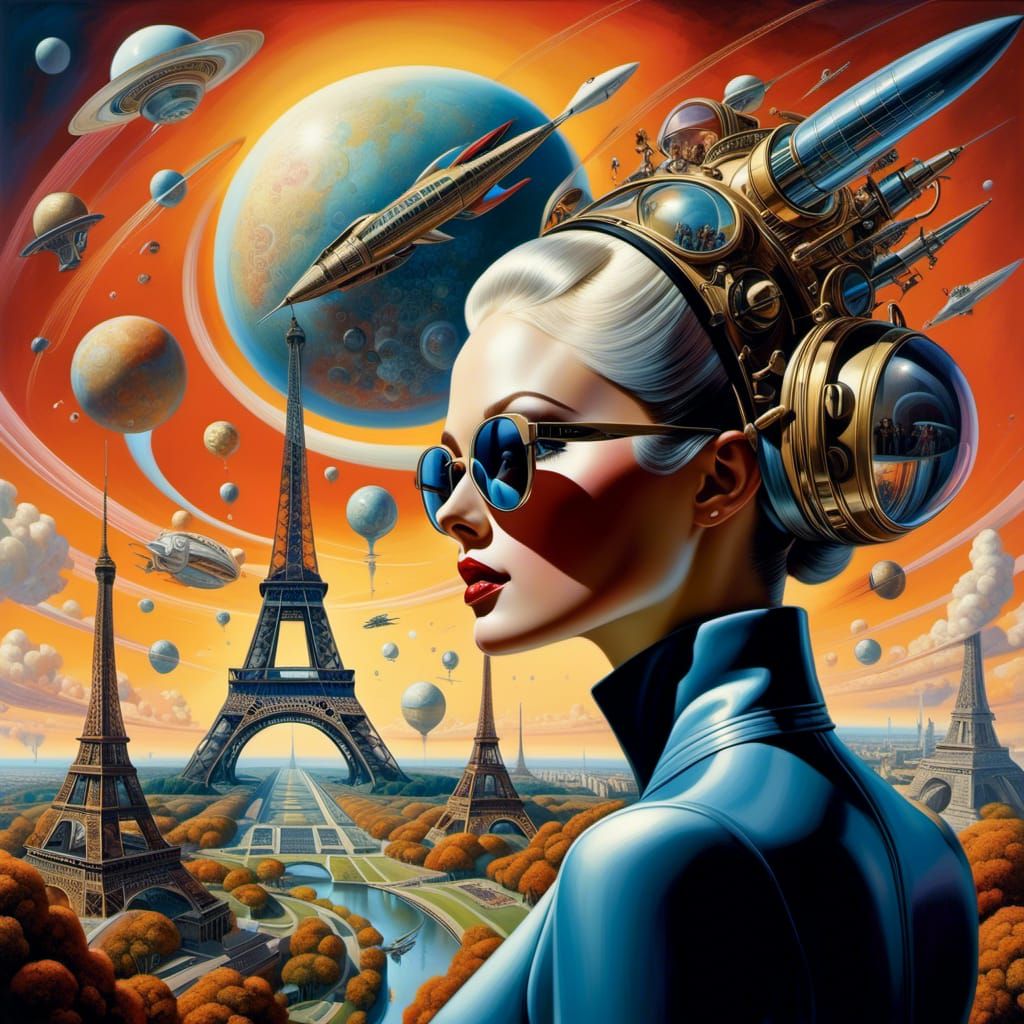 Eiffel Tower Rocketship with Space Models in Surreal Style