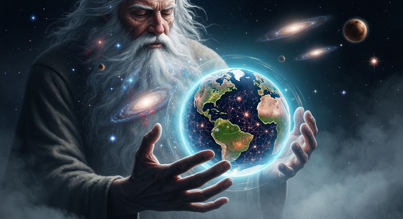 Father Time Gently Holds Earth: Surreal Matte Painting