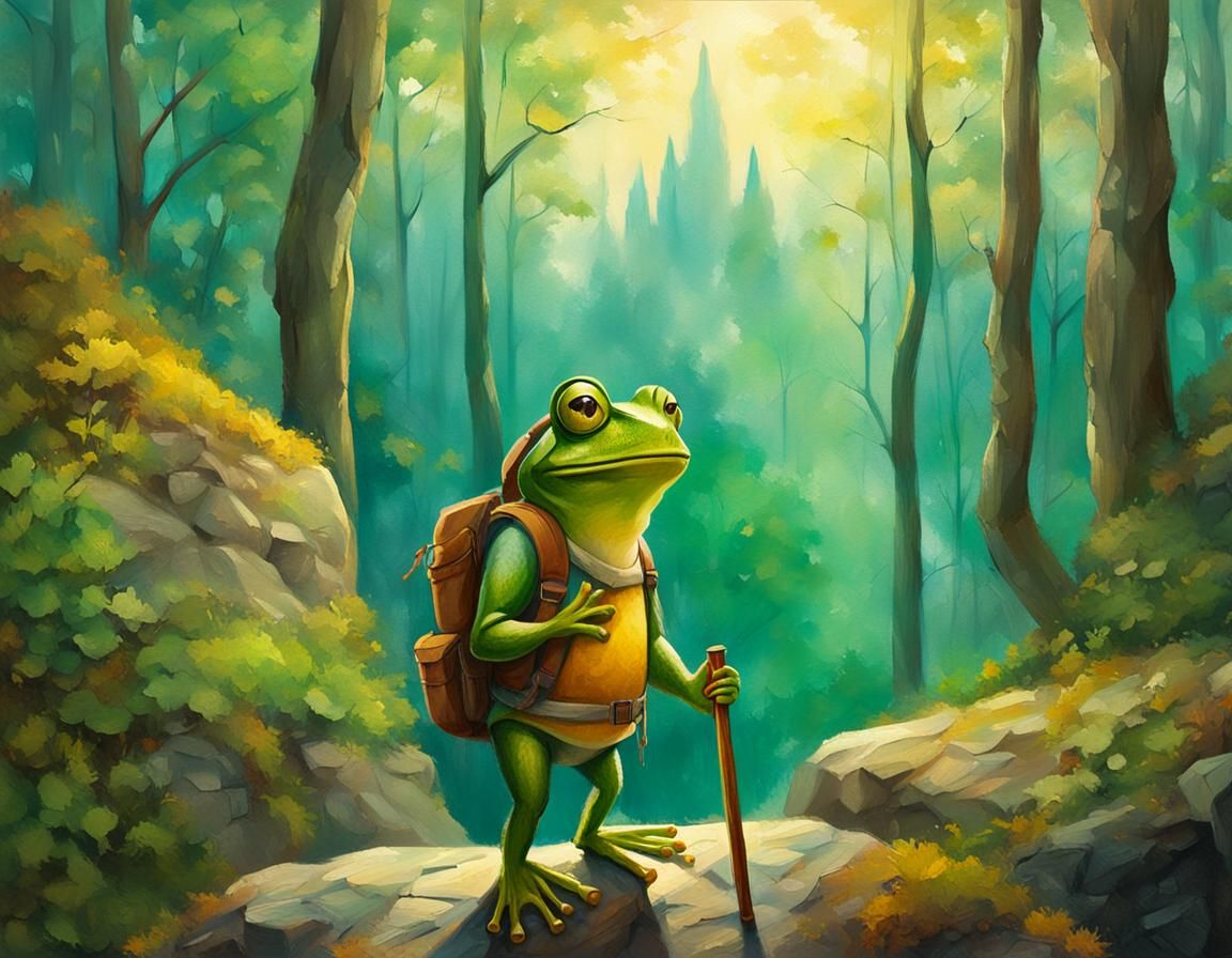 Frog Adventurer in Mystical Forest: Impressionist Oil Painti...