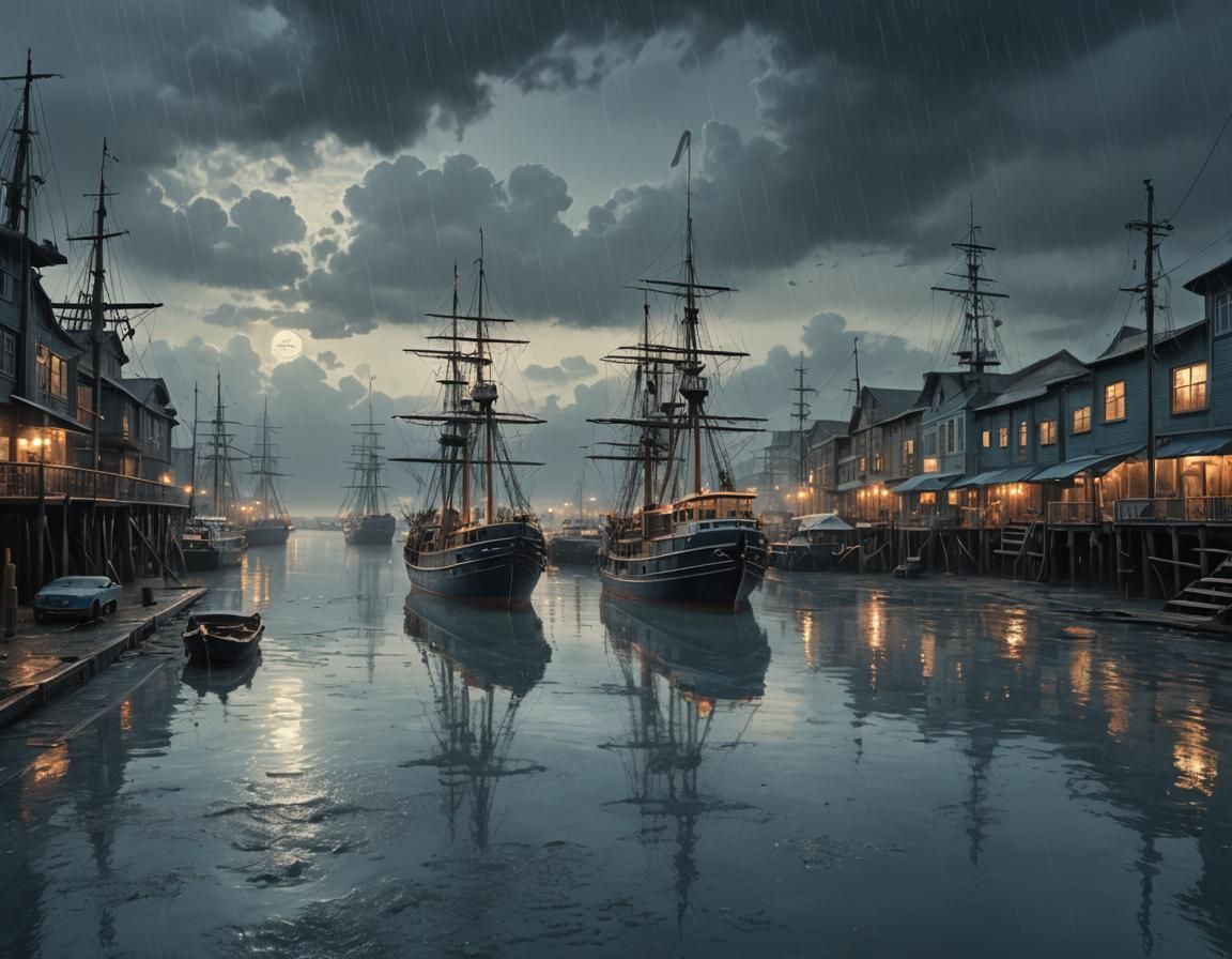 Surreal Harbor at Blue Hour in Detailed Digital Painting