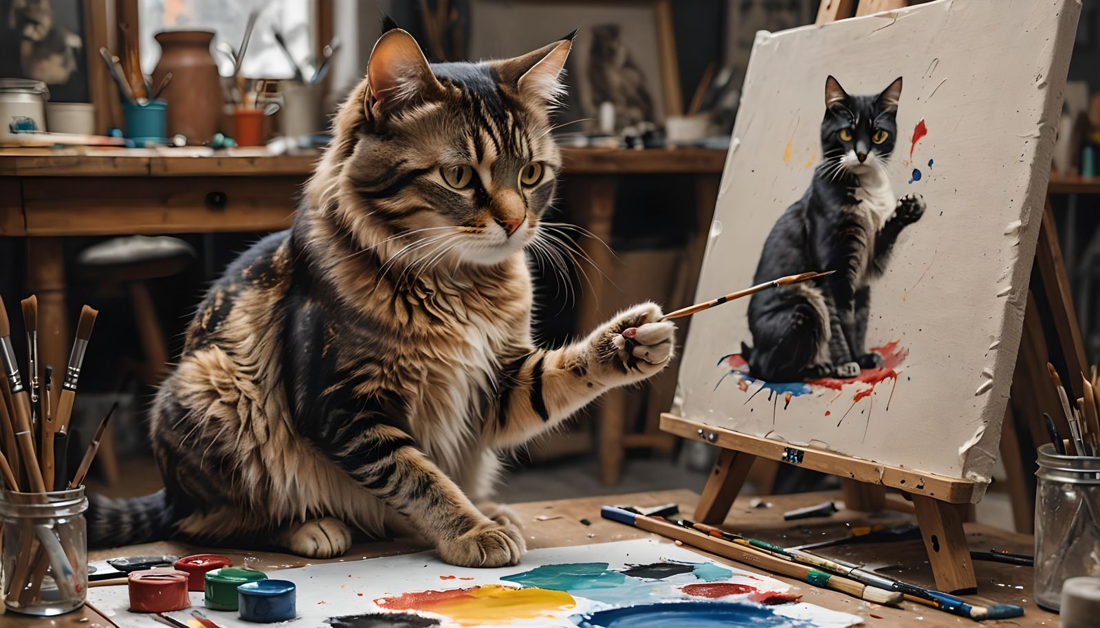 Hyperrealistic Cat Painting in Cozy Art Studio