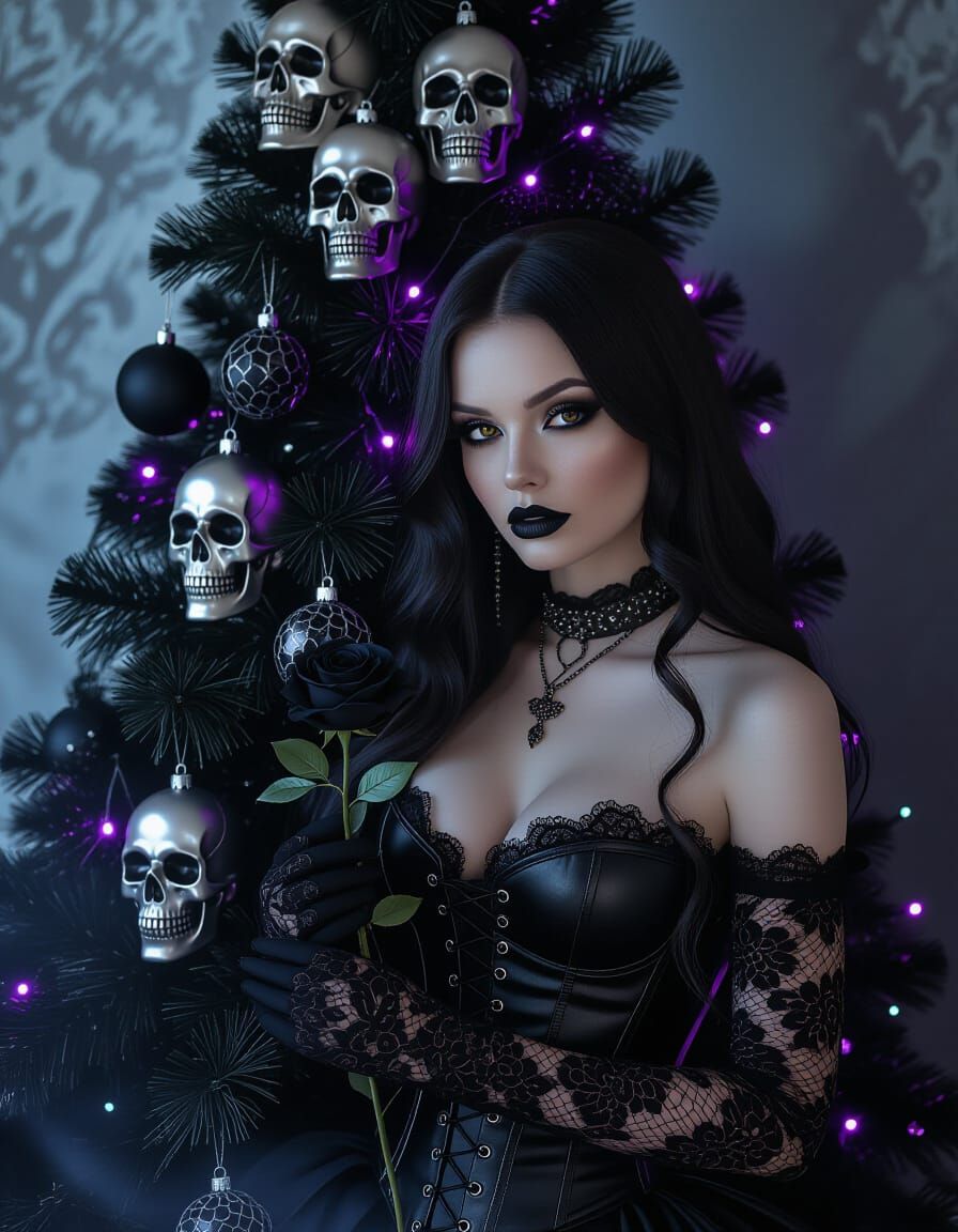 Gothic Woman with Black Christmas Tree