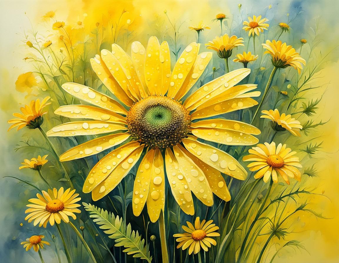 Monochromatic Yellow Daisy in Sunshine: Whimsical Illustrati...
