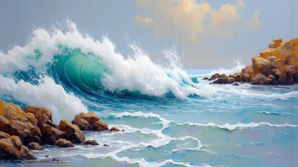 Abstract Expressionist Waves Crashing on Rocky Coastline